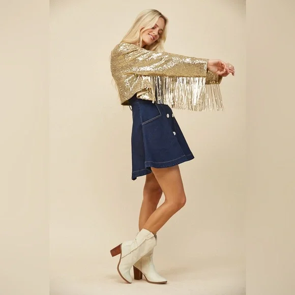 62B. Fringe Sequin Crop Jacket - Gold